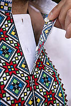 Чоловіча вишиванка з барвистими птахами та геометрією на білому льоні в українському стилі, фото 2