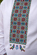 Чоловіча вишиванка з барвистими птахами та геометрією на білому льоні в українському стилі, фото 3