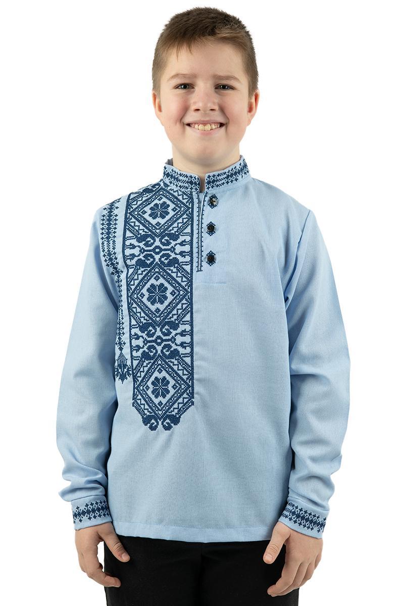 Сорочка для хлопчика з вишивкою геометрія синя блакитна тканина довгий рукав 110–164 розмір
