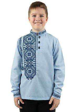 Сорочка для хлопчика з вишивкою геометрія синя блакитна тканина довгий рукав 110–164 розмір, фото 1