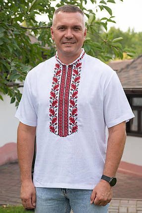 Чоловіча вишиванка з коротким рукавом біла з червоними дубовими листками і геометричним орнаментом, фото 1