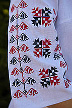 Жіноча вишиванка з білої тканини з червоно-чорною вишивкою на рукавах та V-подібним вирізом, фото 2