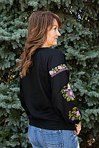 Чорна сорочка з вишивкою жіноча з квітами у рожево-бузкових тонах довгий рукав розміри до 4XL, фото 4