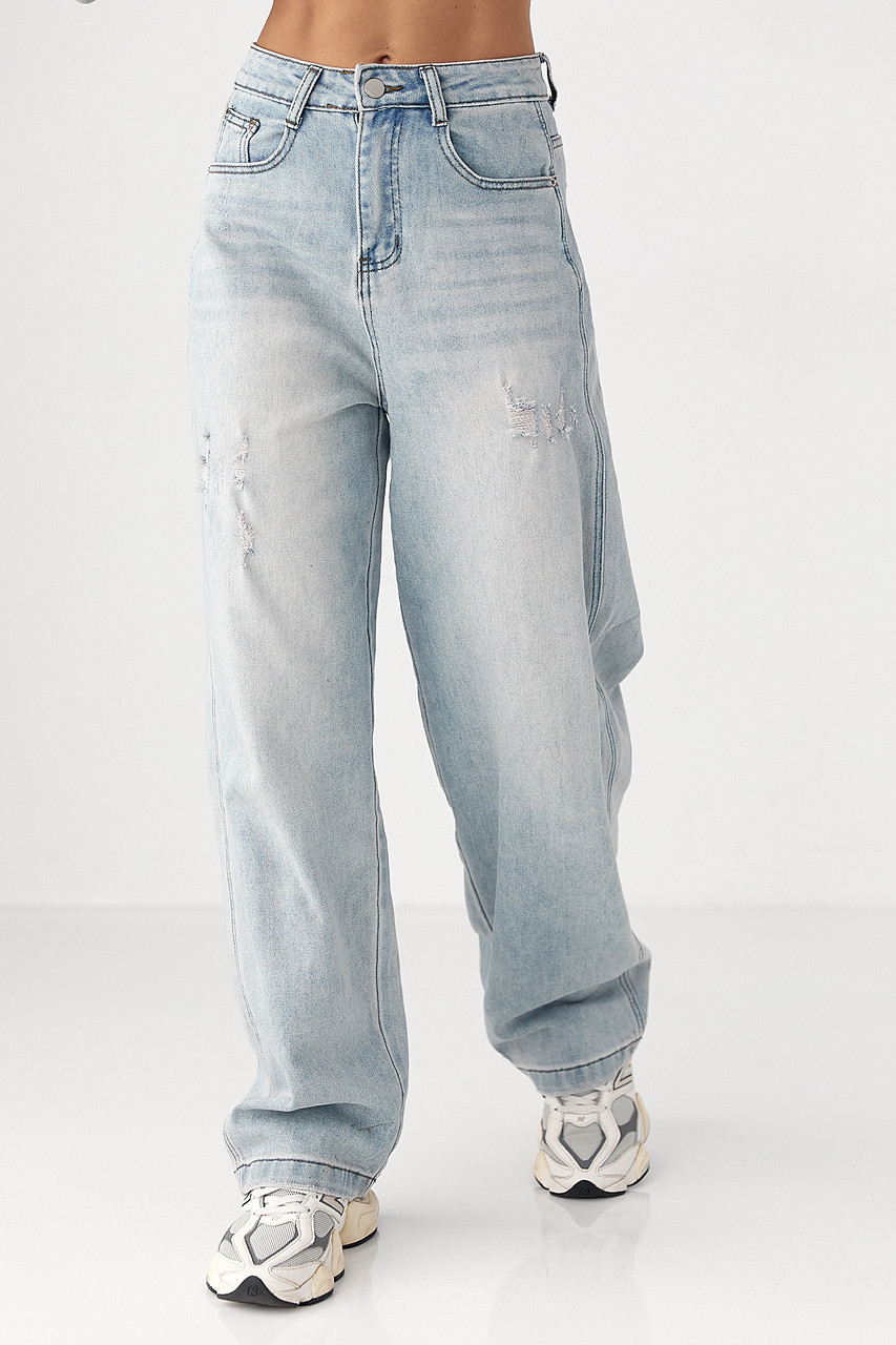 Джинси Baggy straight з потертостями — блакитний колір, XL, фото 1