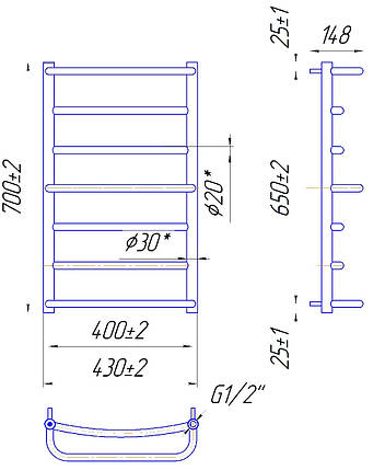 Рушникосушарка водяна MARIO Люкс 700 х 430/400, фото 2