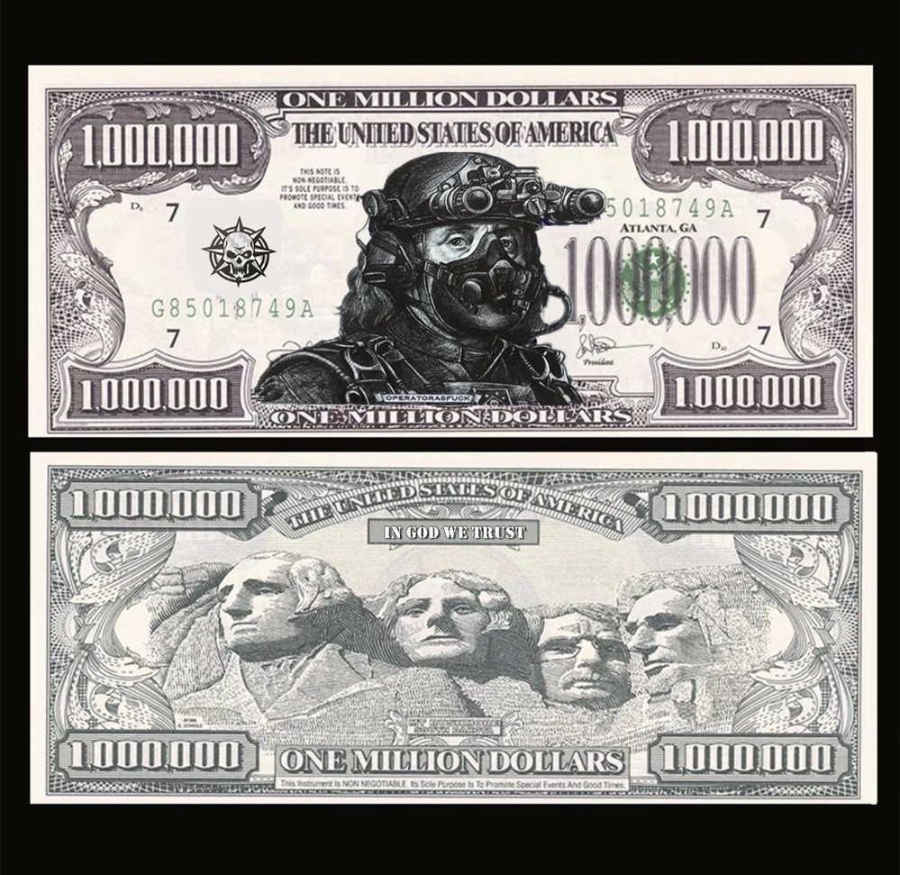 Сувенірна банкнота 1 мільйон доларів США "OPERATORASPUCK". Франклін у тактичній екіпіровці, фото 1