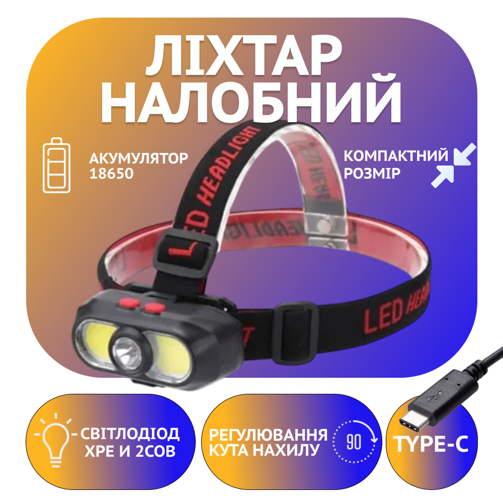 Налобний ліхтар KX-302-LED, 2COB, PL168, 1x18650, ЗУ Type-C, фото 1