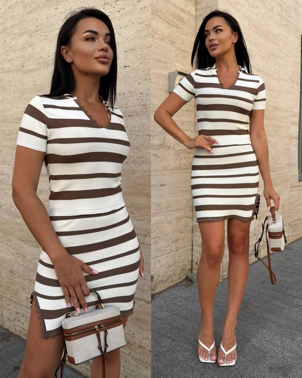 Жіночий в'язаний костюм у смужку в рубчик: топ футболка поло та спідниця з розрізом, Туреччина, бавовна 50%, фото 1
