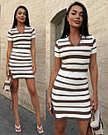 Жіночий в'язаний костюм у смужку в рубчик: топ футболка поло та спідниця з розрізом, Туреччина, бавовна 50%, фото 7