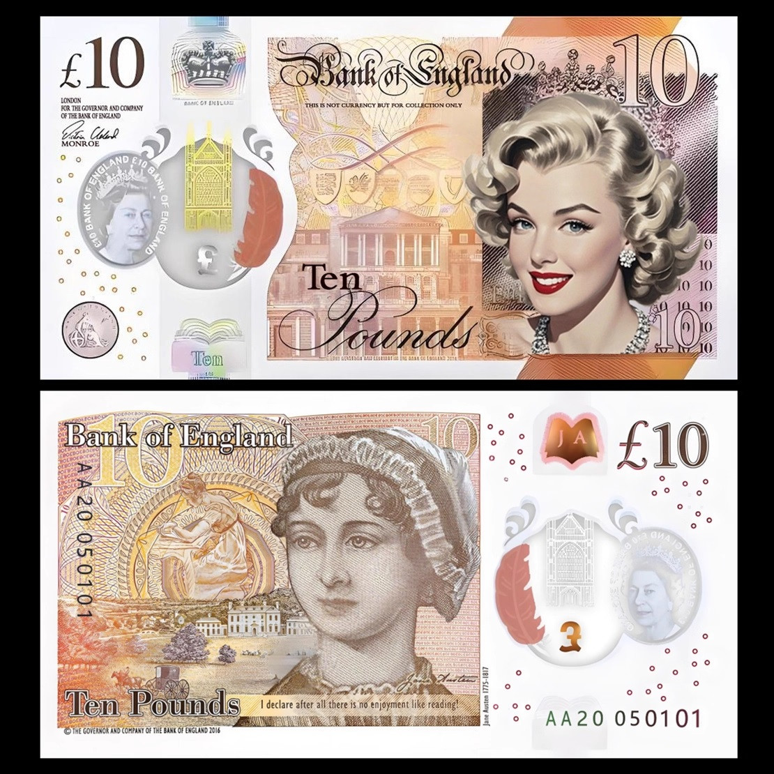 Сувенірна модифікована банкнота 10 фунтів стерлінгів "Мерілін Монро". сувенір у колекцію., фото 1