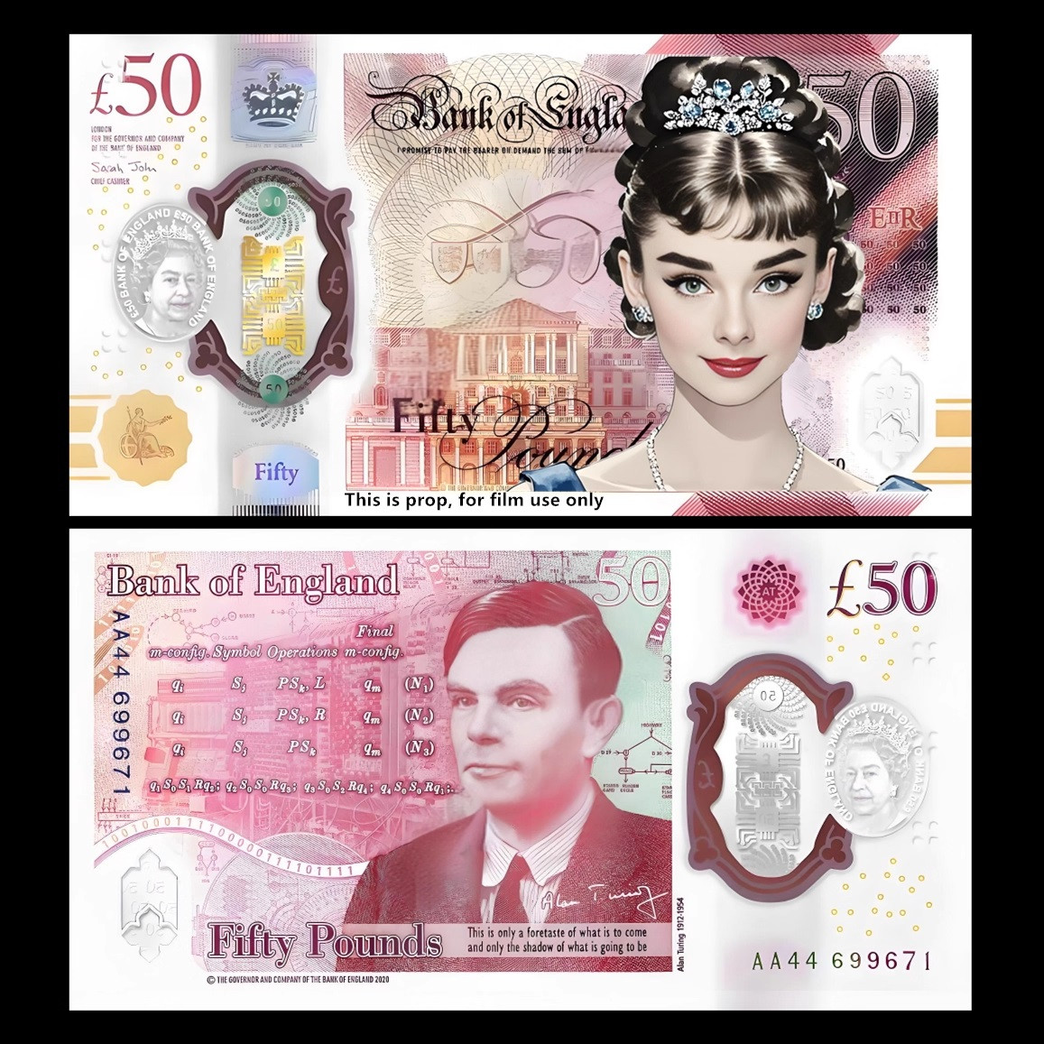 Сувенірна модифікована банкнота 50 фунтів стерлінгів "Одрі Хепберн". сувенір у колекцію., фото 1