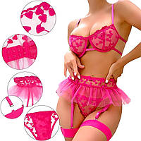 Супер яркий женский комплект Яркая, Комплект 3в1 с гартерами, Женское прозрачное белье с кружевом