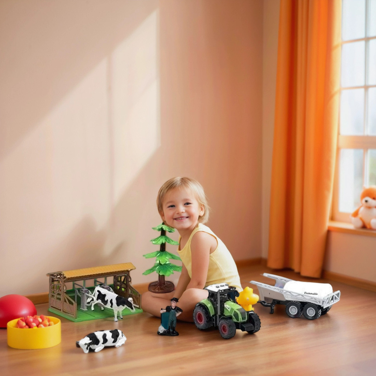 Дитяча іграшкова ферма Набір фігурок тварин 7 деталей людина корова трактор причіп загін декор звук світло, фото 1