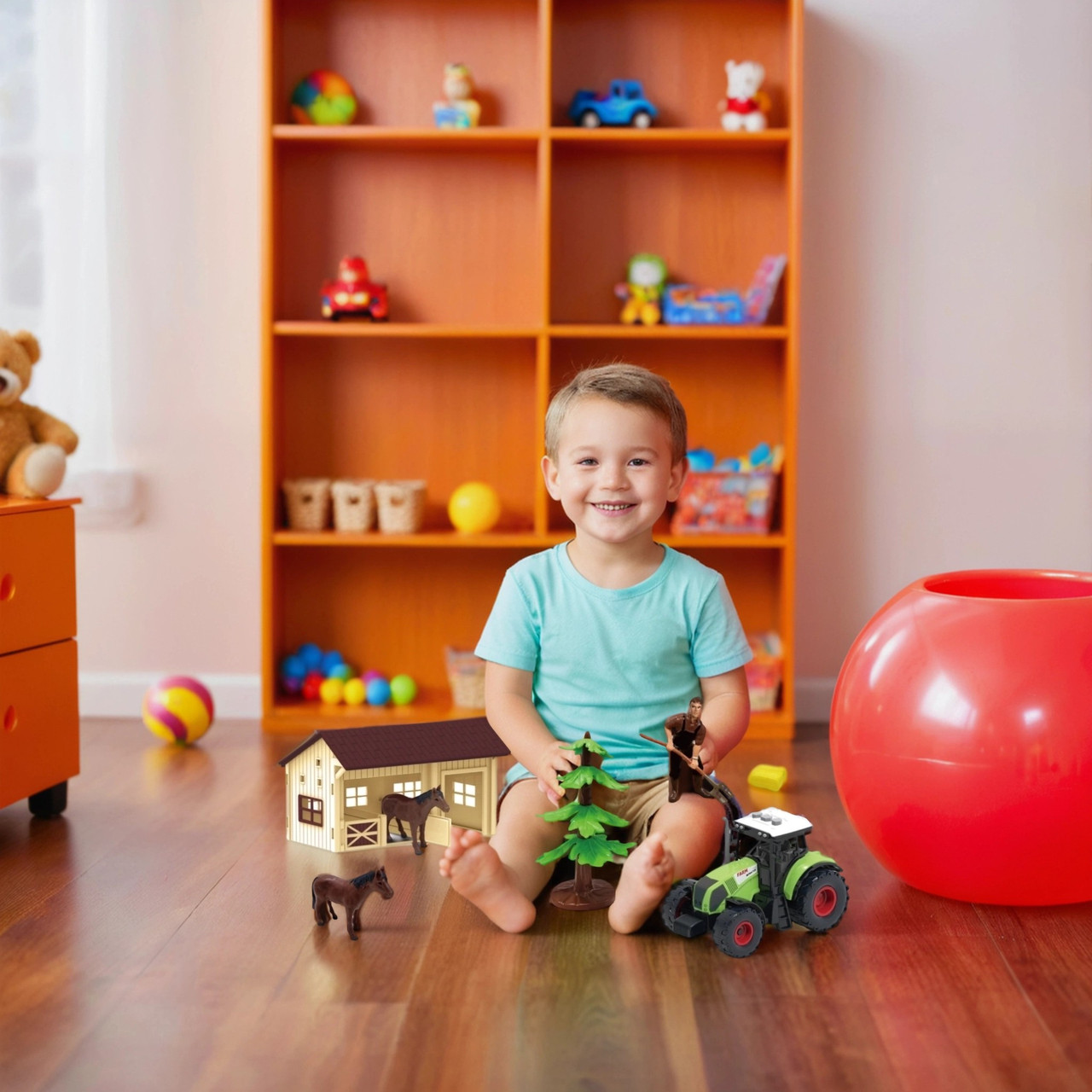 Дитяча інтерактивна ферма Реалістичний набір фігурок тварин 7 деталей людина коні трактор загін звук світло, фото 1