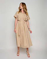 Платье женское летнее бежевое в полоску миди MKLT3140-2