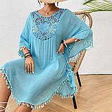 Туніка жіноча пляжна блакитна вільна до колін із бахромою, фото 3