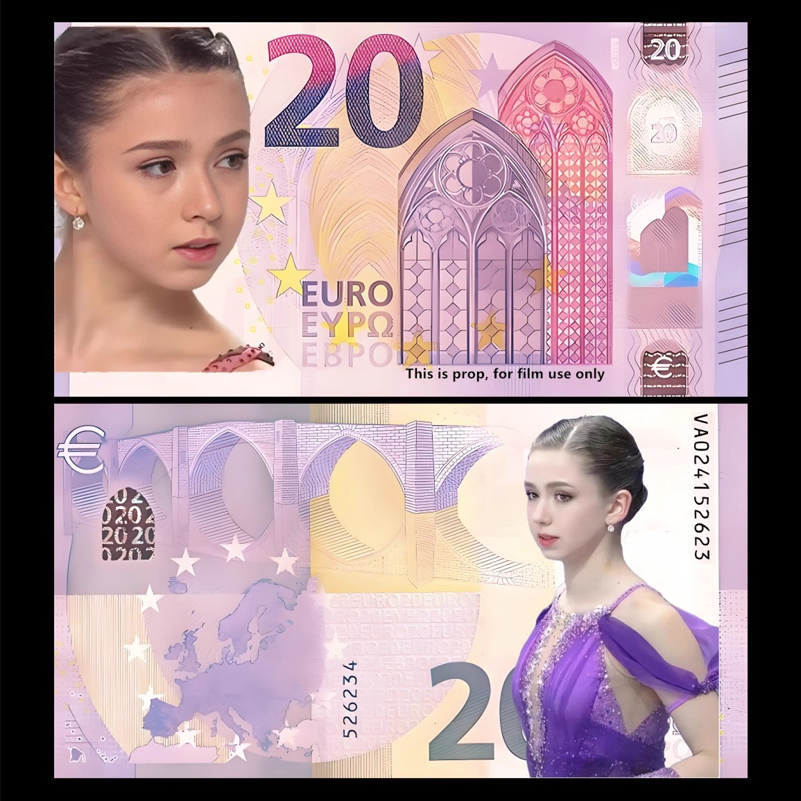 Сувенірна модифікована банкнота 20 Євро "Каміла валиєва". сувенір у колекцію., фото 1