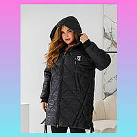 Жіноча зимова куртка батал чорна з капюшоном, стьобана, подовжена, великі розміри