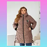 Жіноча зимова куртка батал кольору мокко, подовжена, стьобана, великі розміри