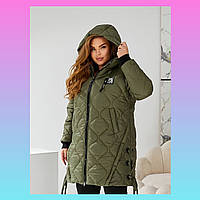 Жіноча зимова куртка батал хакі, подовжена модель з капюшоном, великі розміри