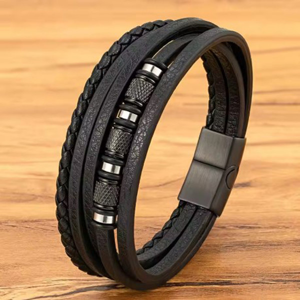 Браслет чоловічий шкіряний чорний RECHARGE 17-19 см (довжина 21 см), фото 1