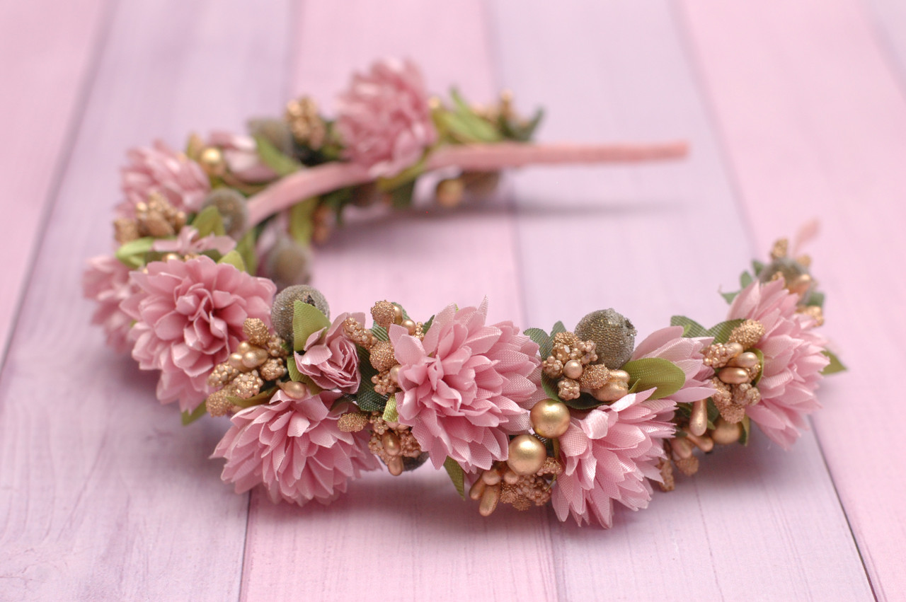 Обруч для волосся / обідок для волосся Okl з квітами пудрово-золотою 392, фото 1