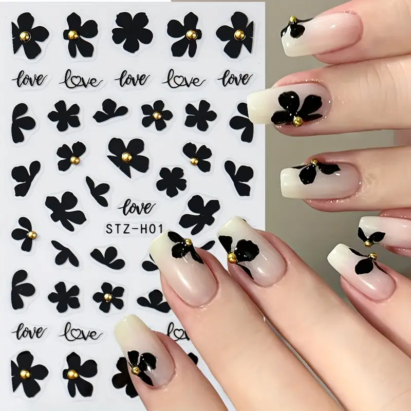 2 шт. Елегантні чорні квіткові наклейки для нігтів Самоклеючі 3D декорації з глянцевим ефектом - фото 1 - id-p2707837600