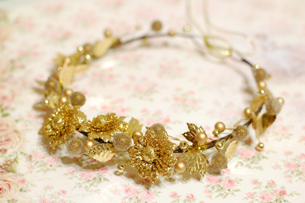 Вінок на голову / віночок для волосся з квітами золотистий 2 об, фото 1