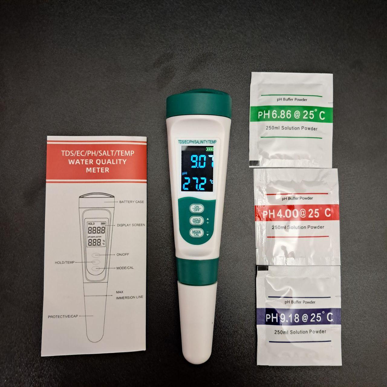 Багатофункціональний аналізатор якості води 5-в-1 (pH метр, TDS, EC, солоність, температура, фото 1