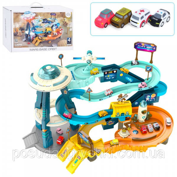 Гараж T905A космодром, машинка 4шт, космічний корабель 3шт, звук, світло, на батарейці, в коробці, 42,5-28-14см, фото 1