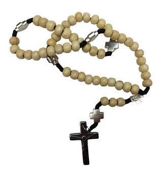 Хрестик на підвісці для автомобіля | дерев’яні намистини бежевого кольору з чорним кам’яним хрестом та металевими вставками