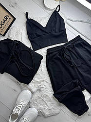 Стильний жіночий осінній базовий прогулянковий костюм трійка штани на манжеті кофта на блискавці топ двонитка