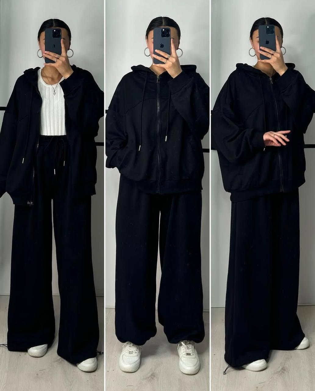 Стильний жіночий осінній базовий прогулянковий костюм кофта на худорлявій блискавці та прямі широкі штани двонитка, фото 1