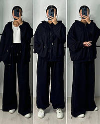 Стильний жіночий осінній базовий прогулянковий костюм кофта на худорлявій блискавці та прямі широкі штани двонитка