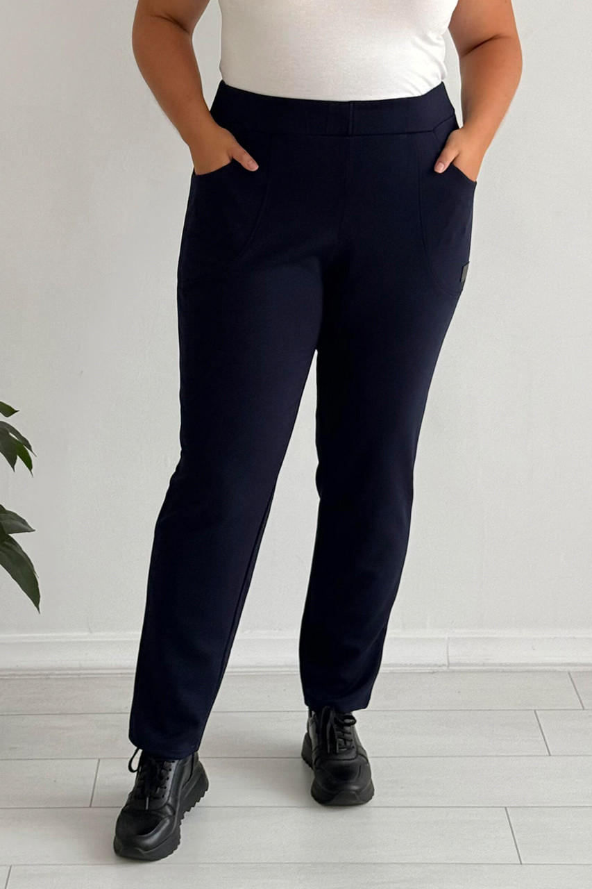Штани для повних жінок сині зі щільного трикотажу на осінь без застібок з кишенями
