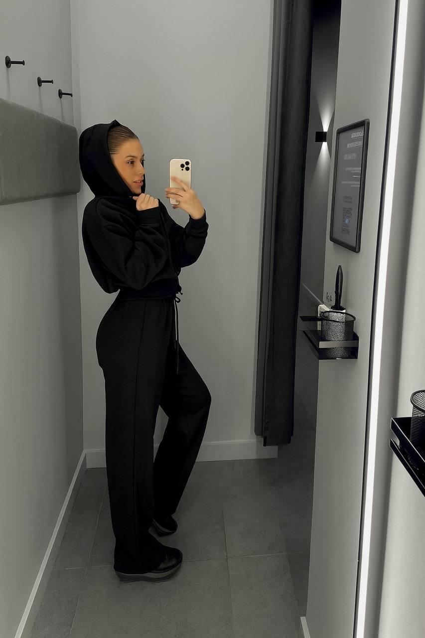 Жіночий осінній базовий прогулянковий костюм двойка толстовка кофта на блискавці худі і прямі штани двонитка, фото 1