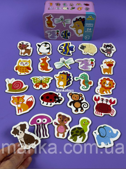 Набір пазлів C 74178 пазли половинки з двох частин в металевій коробці “Тваринки”, 24 пазли, фото 1