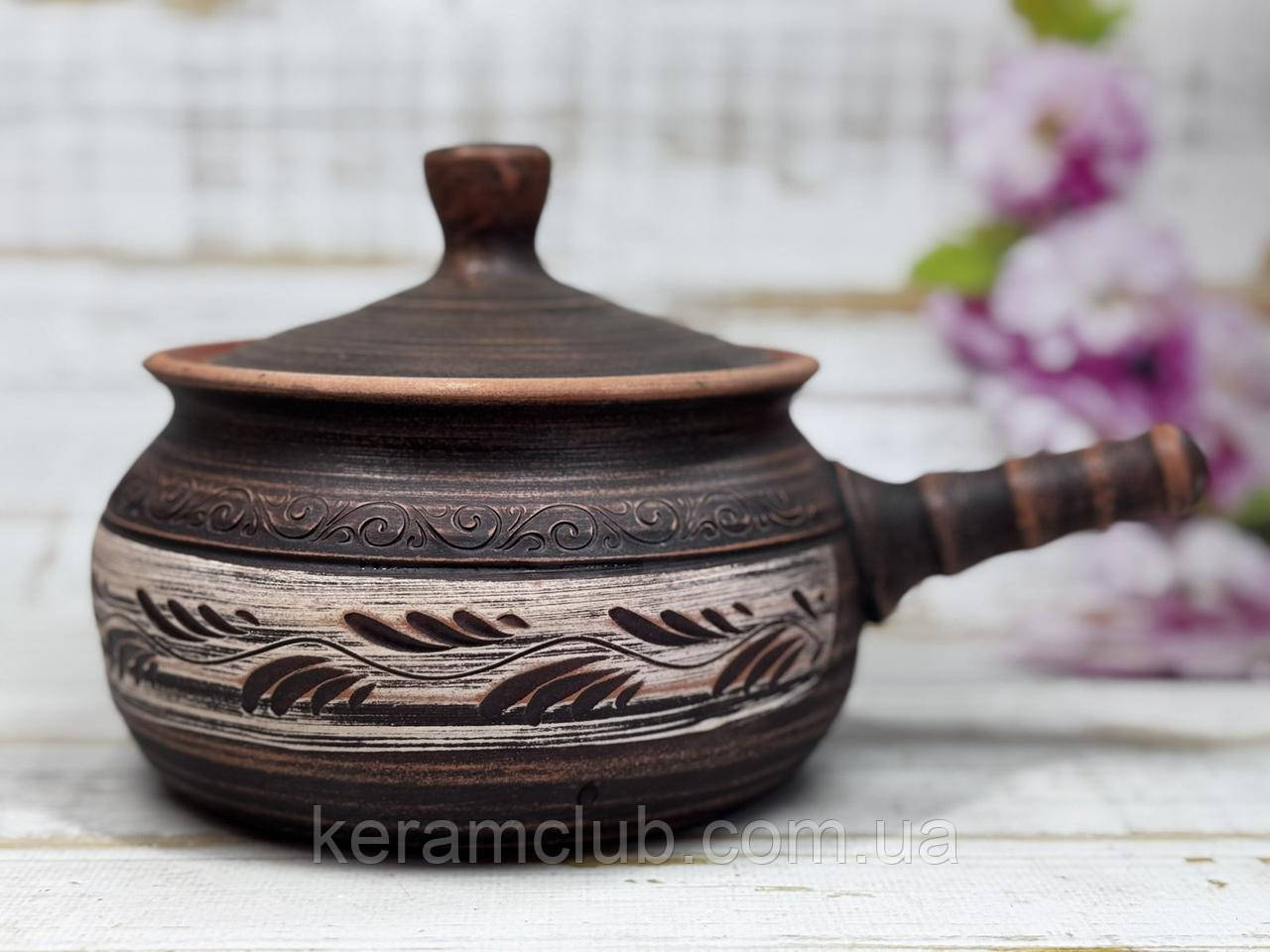 Супниця глиняна з глазур'ю всередені 1 л зручна ручка