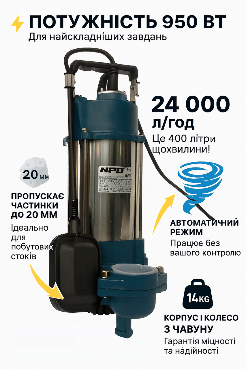 Фекальний насос NPO V750F (950 Вт) 💣 ЧАВУННИЙ ТИТАН для брудної води | 24 000 л/год | Частинки до 20 мм, фото 1