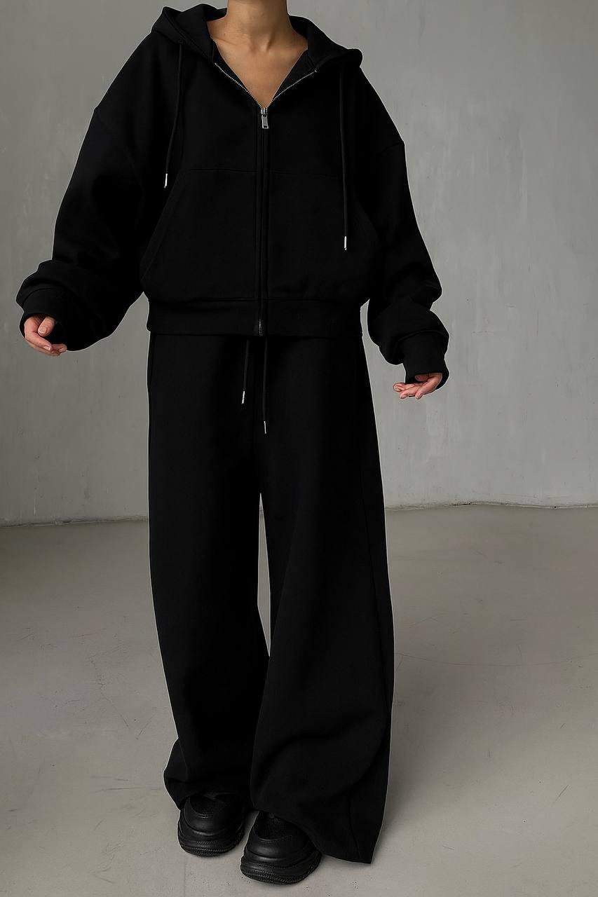 Стильний жіночий осінній базовий прогулянковий костюм широкі штани на затяжках кофта худі на блискавці, фото 1