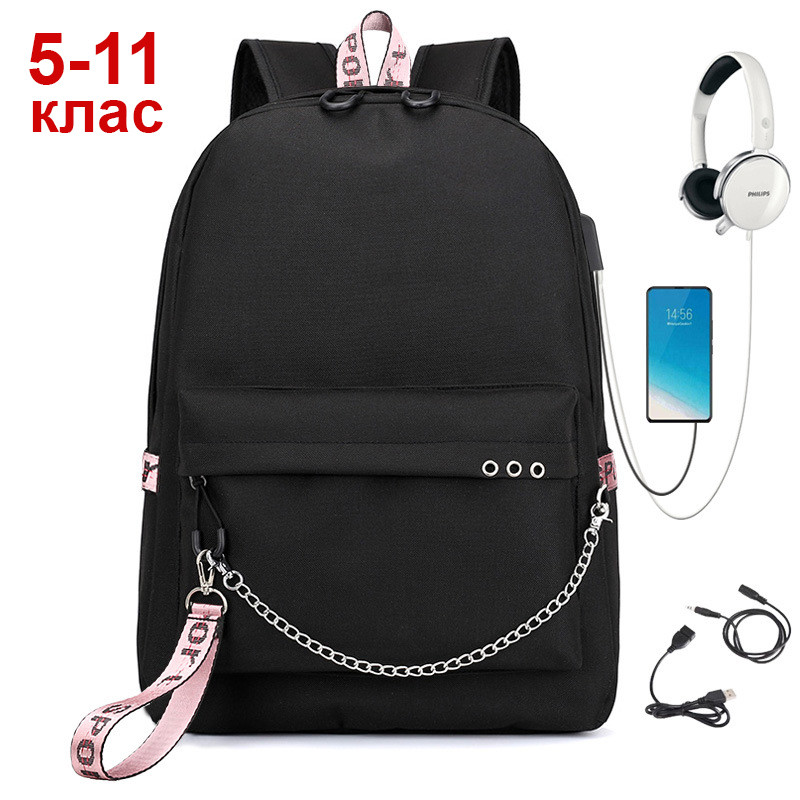 Чорний шкільний рюкзак для дівчат 45 см з USB портом для дітей і підлітків у школу 5-11 клас і студентів водонепроникний, фото 1