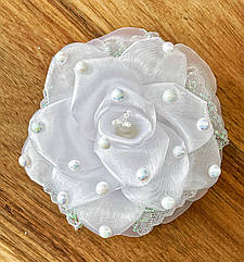 Бант для волосся гуртом Ø14*8 см резинка мікрофібра Ø3 см 12 шт./уп БІЛІ З ПЕРЛИНАМИ