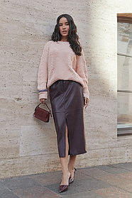 Жіноча спідниця з еко-шкіри чорна міді з розрізом, розміри 42-52 бургунді