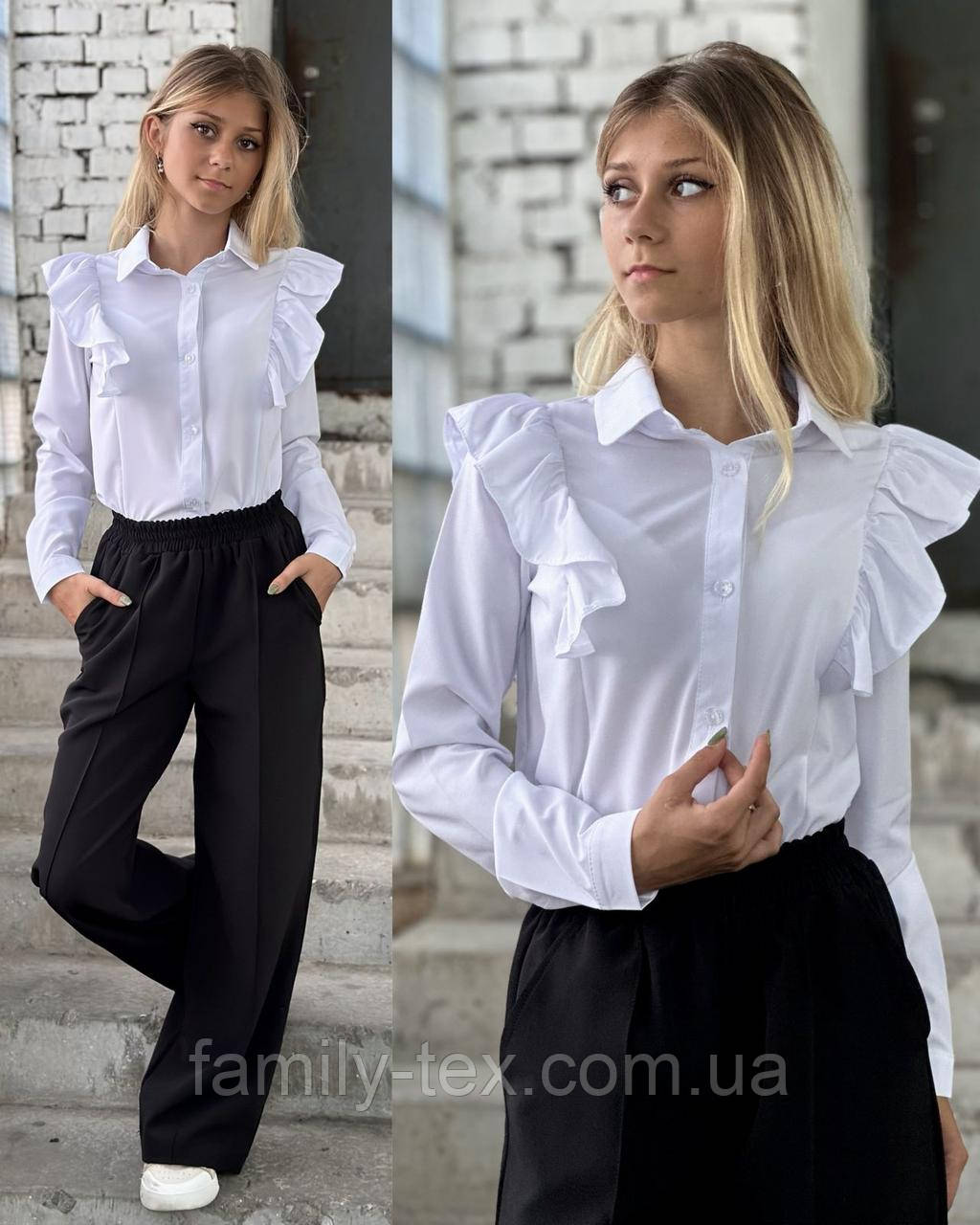 Шкільна біла блузка для дівчинки, довгий рукав, розміри 30-40 на рости 122 -155 см, фото 1