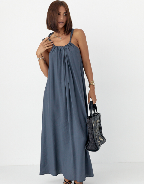 Вільний літній сарафан у підлогу на зав'язках сірий довгий легкий сарафан на літо розмір М, фото 1