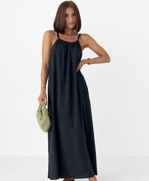 Вільний літній сарафан у підлогу на зав'язках чорний довгий легкий сарафан на літо розмір М, фото 1