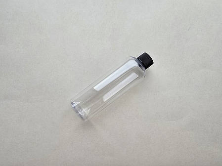 150 мл 20/410 Круглий ПЕТ прозорий флакон з чорною ребристою кришкою, пляшка пластикова, пластмасова, фото 1