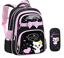 Рюкзак шкільний портфель з котиком +ПЕНАЛ в подарунок для дівчинки підлітковий 1-4 клас, 38х29х16 см, чорний