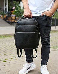 Універсальний чоловічий рюкзак із шкіри 41х31х16, зручний наплічник для ноутбука та документів, чорний