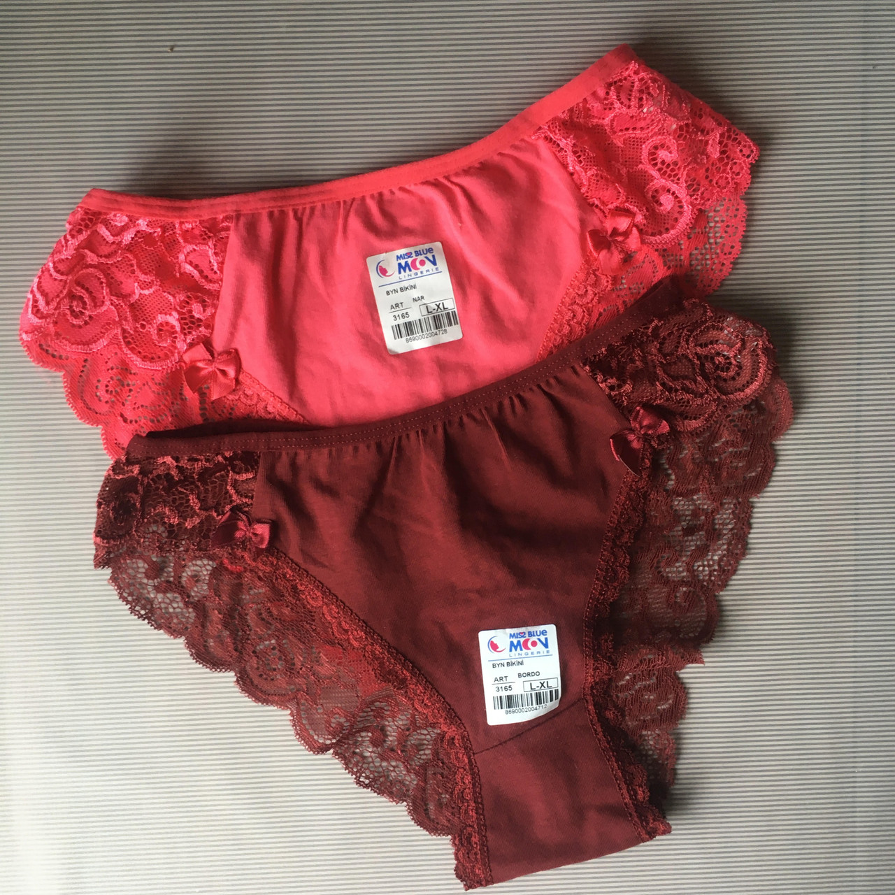 Трусики бразиліани (комплект 2 шт) з бавовни і мережива Miss blue moon рожевий/бордо розмір S, фото 1